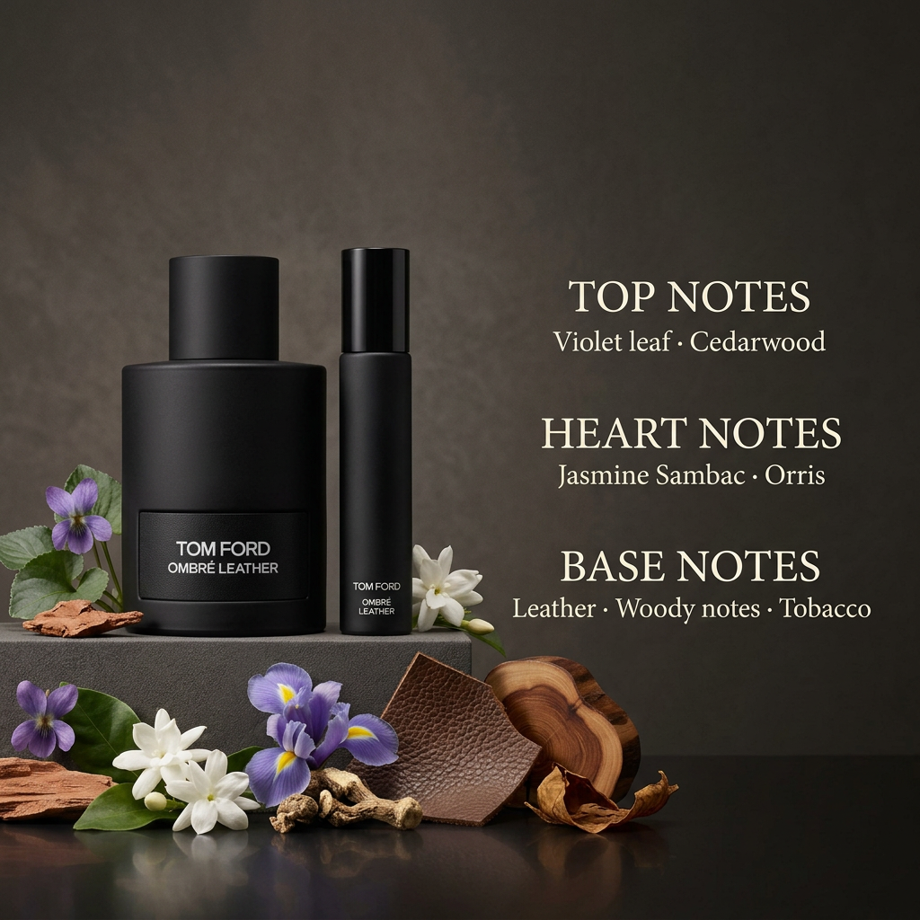 Perfume bottles surrounded by fragrance ingredients with top, heart, and base notes written alongside