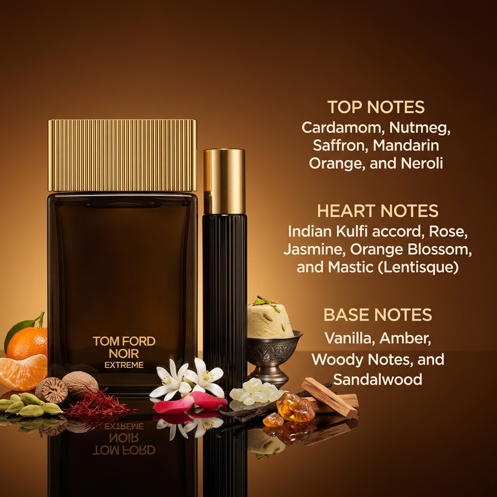 Perfume bottles with fragrance ingredients and written top, heart, and base notes