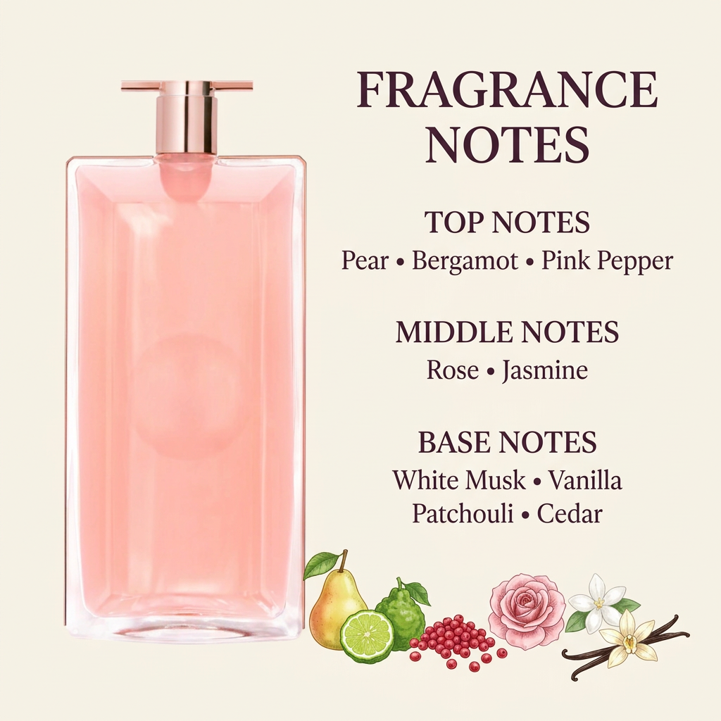 Pink perfume bottle with top, middle, and base fragrance notes