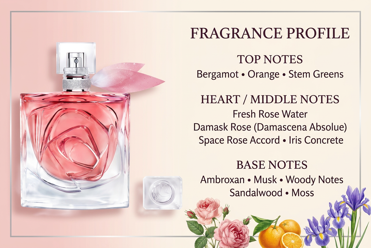 Pink rose-inspired perfume bottle with top, heart, and base fragrance notes