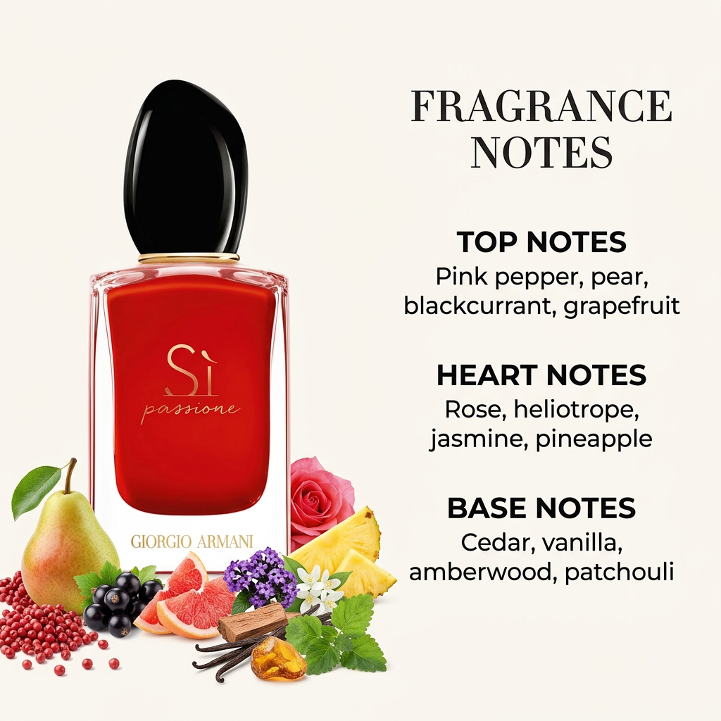 Sì Passione bottle with ingredient imagery and fragrance notes
