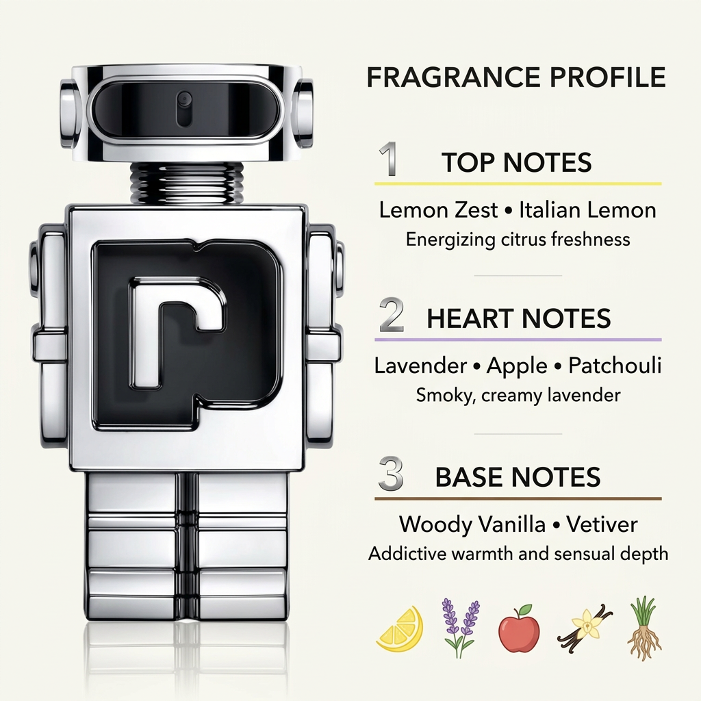 Silver robot-shaped perfume bottle with lemon, lavender, apple, patchouli, woody vanilla, and vetiver fragrance notes