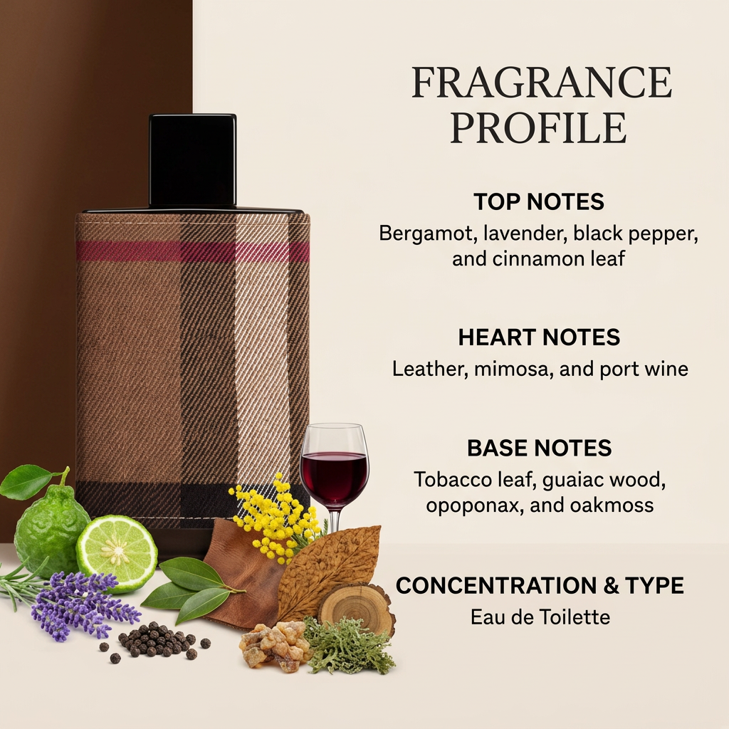 Tartan-wrapped perfume bottle with ingredient imagery and fragrance profile