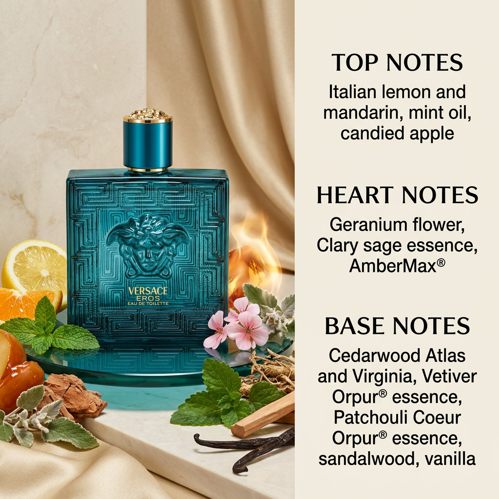 Teal perfume bottle with fragrance ingredients and written top, heart, and base notes