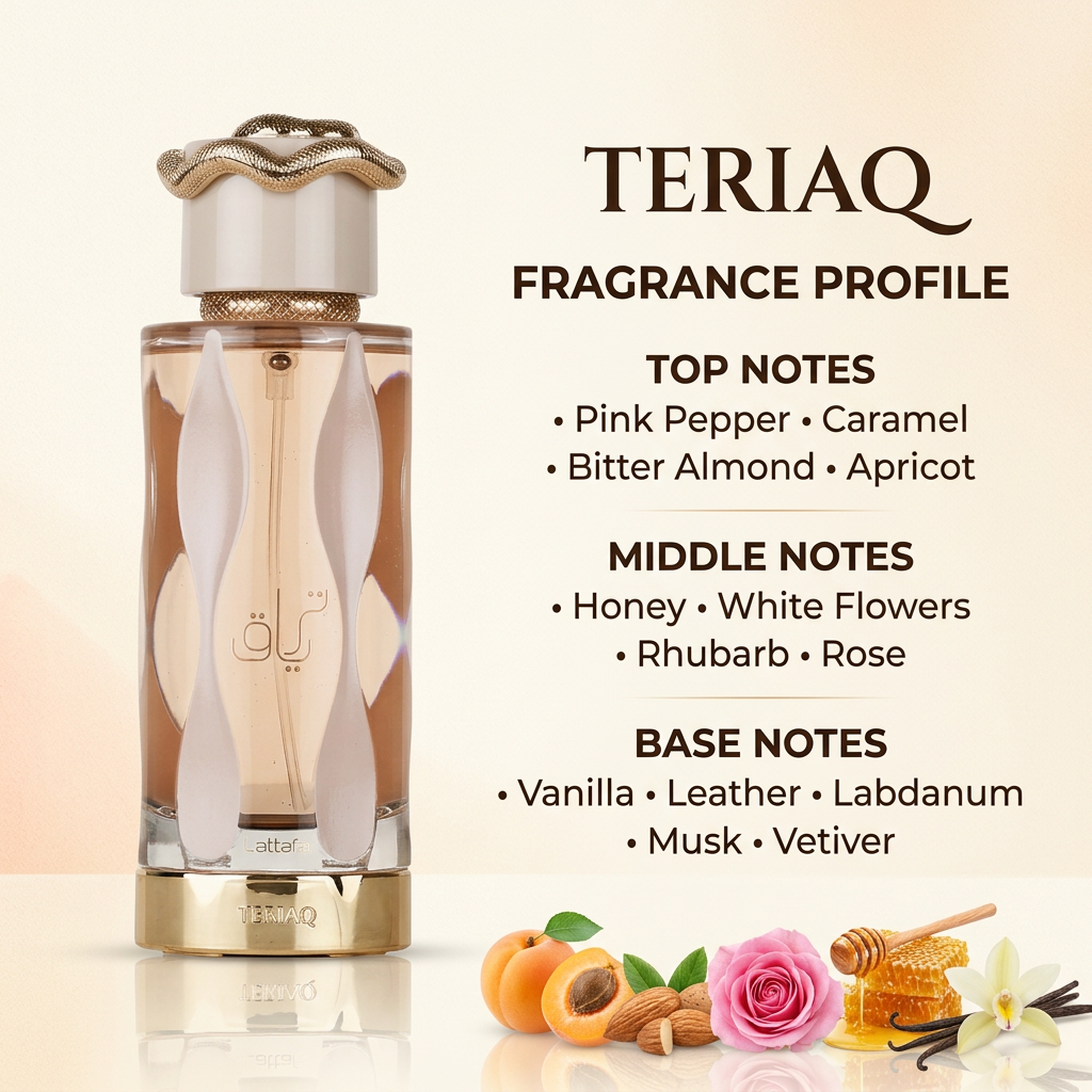 Teriaq perfume bottle with top, middle, and base fragrance notes
