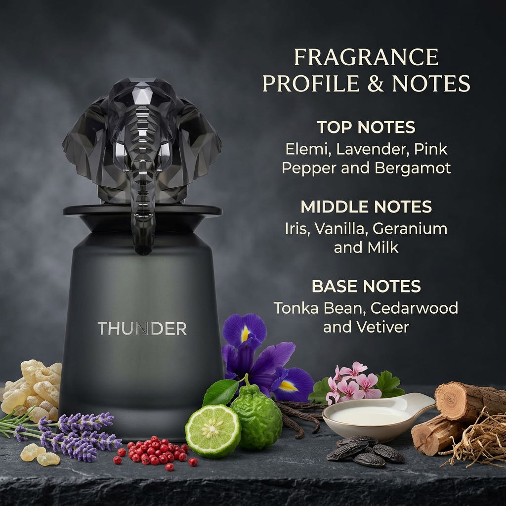 Thunder perfume bottle with top, middle, and base fragrance notes in a charcoal-and-silver setting