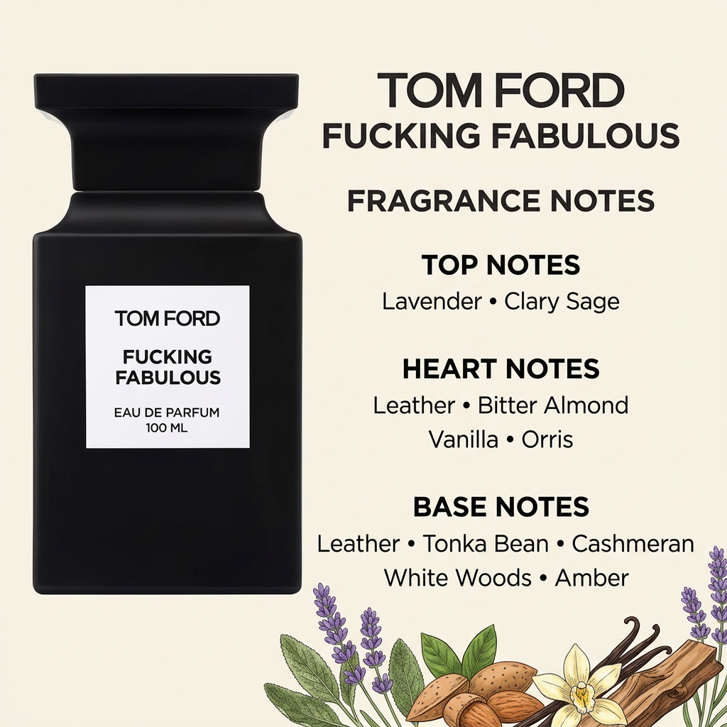 Tom Ford Fucking Fabulous bottle with top, heart, and base fragrance notes