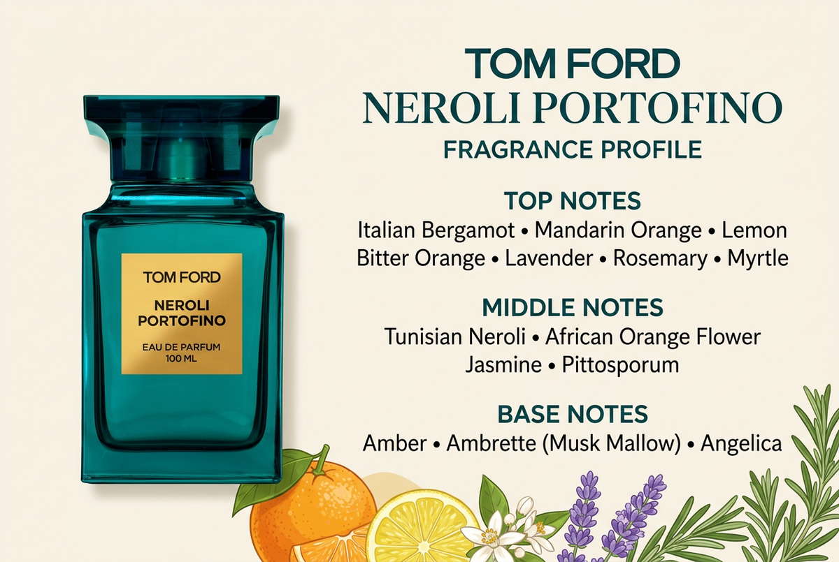 Tom Ford Neroli Portofino bottle with full top, middle, and base fragrance notes