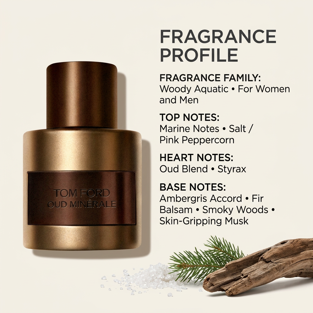 Tom Ford Oud Minérale bottle with Woody Aquatic fragrance family and top, heart, and base notes