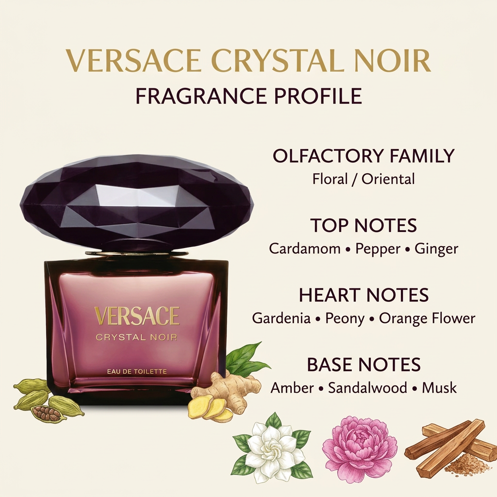 Versace Crystal Noir bottle with floral-oriental fragrance family and top, heart, and base notes