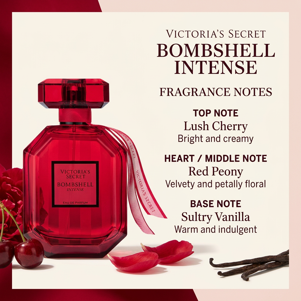 Victoria’s Secret Bombshell Intense bottle with lush cherry, red peony, and sultry vanilla fragrance notes