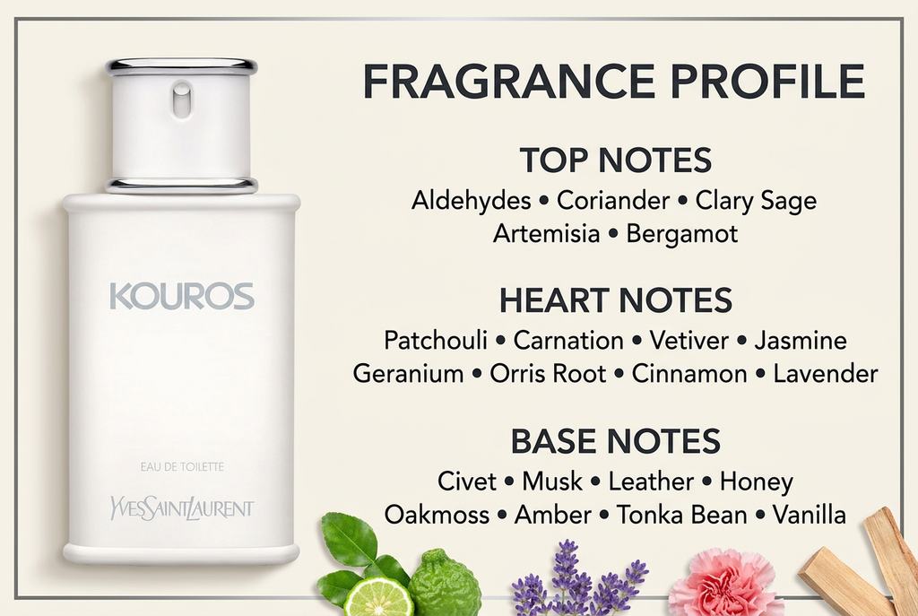 Yves Saint Laurent Kouros bottle with full top, heart, and base fragrance notes